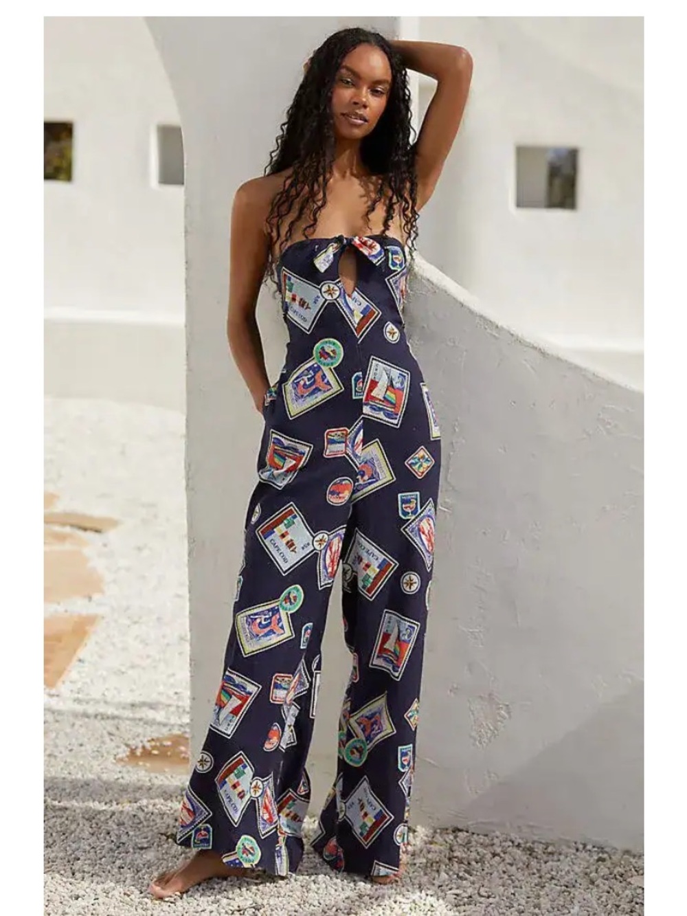 Celandine linen-blend wide-leg jumpsuit features a playful postcard print XS